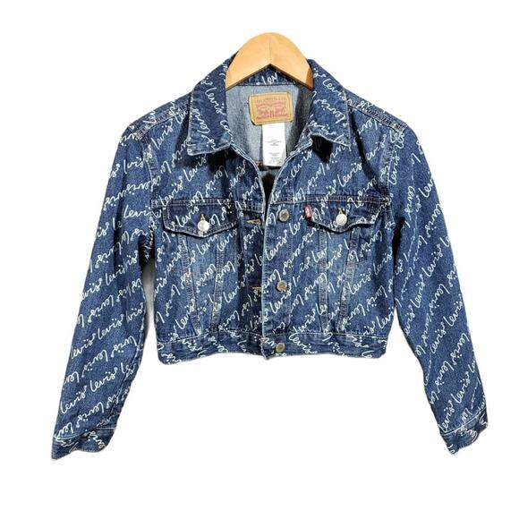 Levi's oversized crop jean jacket with all over logo's girls size large - Picture 1 of 9